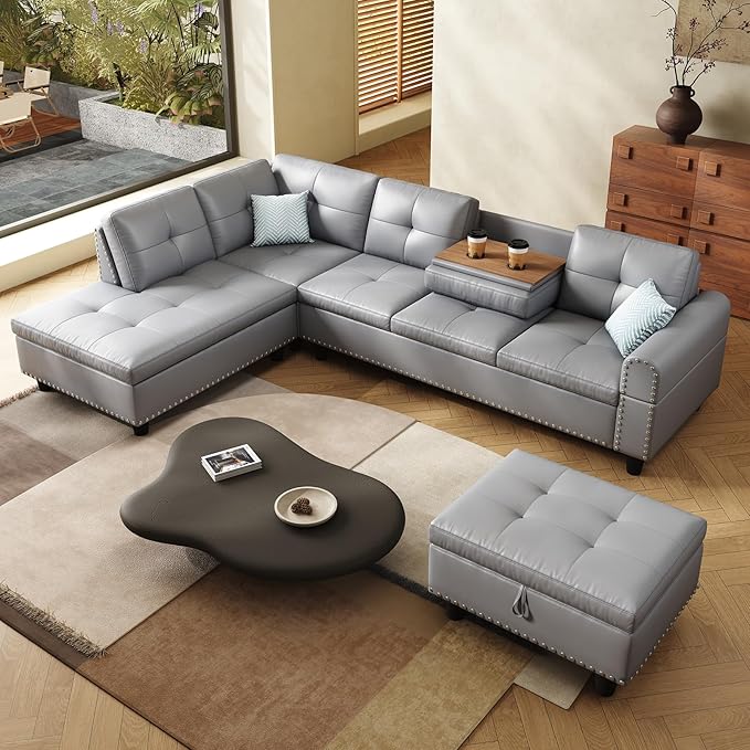 97.5 Oversized Sectional Couch L Shaped Couchwith Storage Ottoman Modern Modular Sofa withDeep Seat Sectional Couches for Living Room andOffice Faux Leather Sofa (Gray 97.5 inch &amp Ottoman)