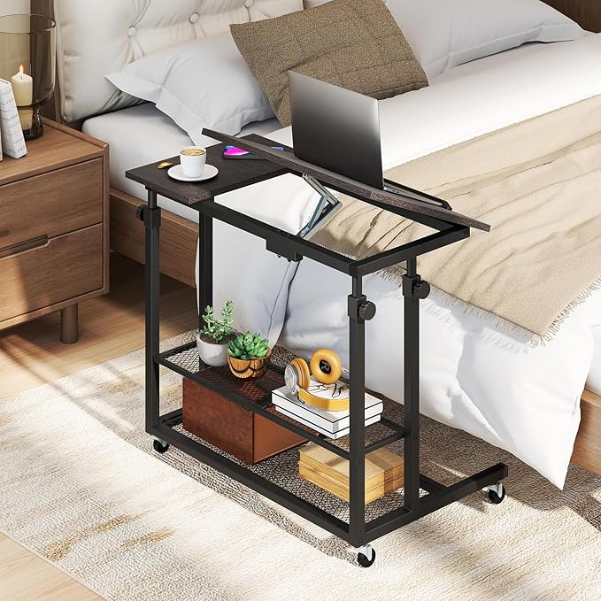 Giantex Mobile Standing Desk Adjustable Rolling Computer Desk w/Tilting Desktop &amp Storage Shelves PC Laptop Table Small Compact Desk on Wheels for Small Space Living Room &amp Bedroom (Black