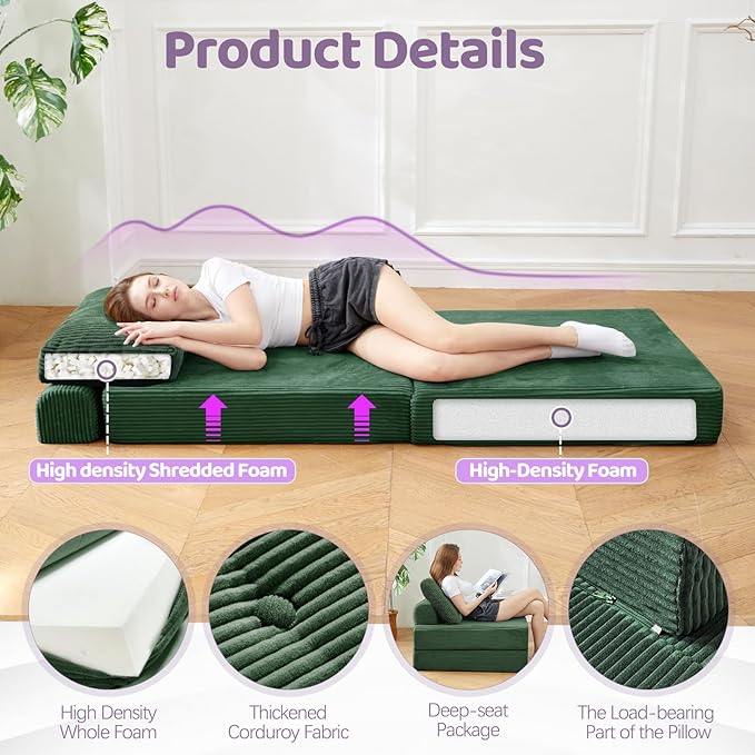 Folding Sofa Bed3-in-1 Convertible Sleeper Chair Corduroy High-Density Foam with PillowFold Out Chair BedFoldable Single Futon Chair for Living Room、HotelSingle Emerald Green