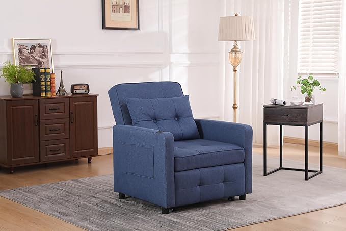 KEIKI Sleeper Chair Bed 3-in-1 Convertible Pull Out Sleeper Chair Bed Convertible Sofa Bed with USB Ports Side Pocket Single Armchair for Small Spaces Living Room Apartment Navy Blue