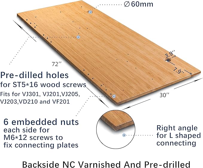 VWINDESK 72 x 30 x 1 Inch 100% Solid Bamboo Desk Table Top Onlyfor Standing Desk Home Office Desk with 60mm Grommets(Right Angle)