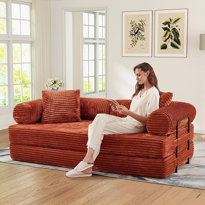 78.5W Convertible Folding Sofa Bed Corduroy Upholstered Queen Size Foam Floor Couch with Fixed-Shaped Frame Loveseat Sleeper Compression Sofa Foldable Mattress for Living Room Bedroom(Orange)