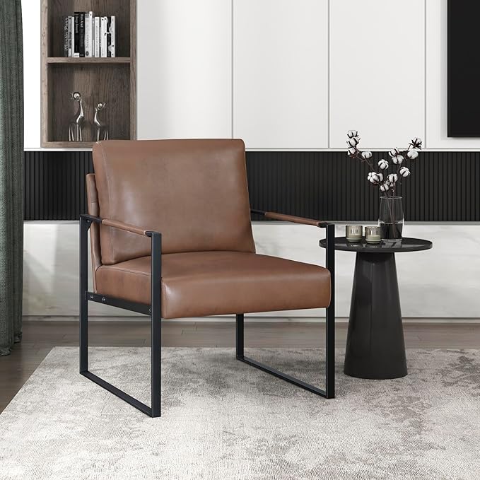 Lexicon Modern Accent Chair Faux Leather Upholstered Living Room Chair with Wrapped Armrests Arm Chair with Black Metal Frame Comfy Single Chair for Living Room/Bedroom/Reading Room/Office Brown