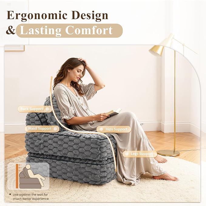 Folding Sofa Bed 3-in-1 Convertible Sleeper Chairs with PillowBack Support Fuzzy Fabric Floor Couch Bed for Adults Boneless Couches Living Room Bedroom Apartment Grey