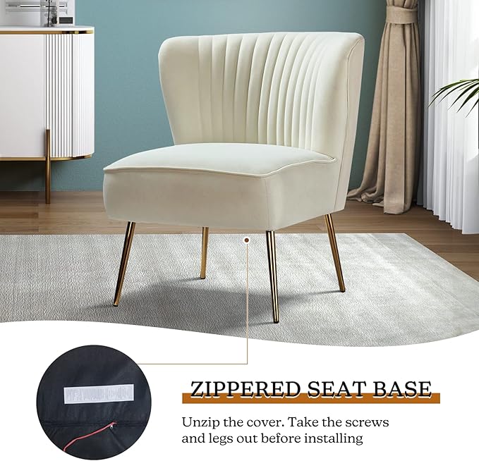 TINA'S HOME Velvet Accent Chair Set of 2 with Metal Golden Legs Upholstered Armless Slipper Chair with Wingback Mid Century Side Chair for Living Room Bedroom Vanity- Ivory