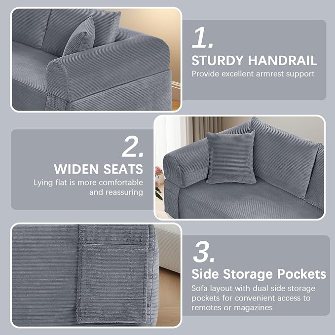 83 Modern Sofa in a Box No Assembly Oversized 3 Seater 28 Deep Seat Cloud Sofa Bed Couch with 4 Furry Pillows &amp Corduroy Fabric Boneless Couch with Side Storage Pockets for Living Room Dark G