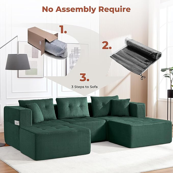 100 U Shaped Modular Sectional Sofa Oversized 5-Seater Boneless Tufted Cloud Couch with Cup Holder and Movable Ottoman Corduroy Upholstery Couches for Living Room No Assembly Green