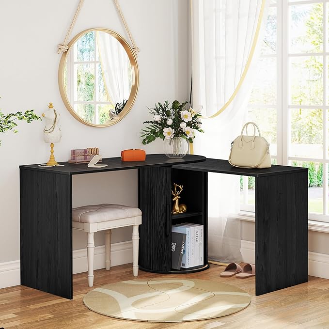 Home Office Desk L Shaped 51-Inch Small Space Modern Office Computer PC Desk with Storage File Cabinet and Reversible Tabletop Corner Work Table for ExecutiveStudyWriting - Black