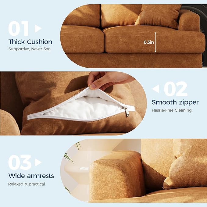 IDEALHOUSE Modern 86 Leather Sofa with 2 Throw Pillows Deep Seat Couch with Upholstered Cushion &amp Removable CoverComfy Faux Leather Sofa Couch for Small Space Apartment Lounge Brown