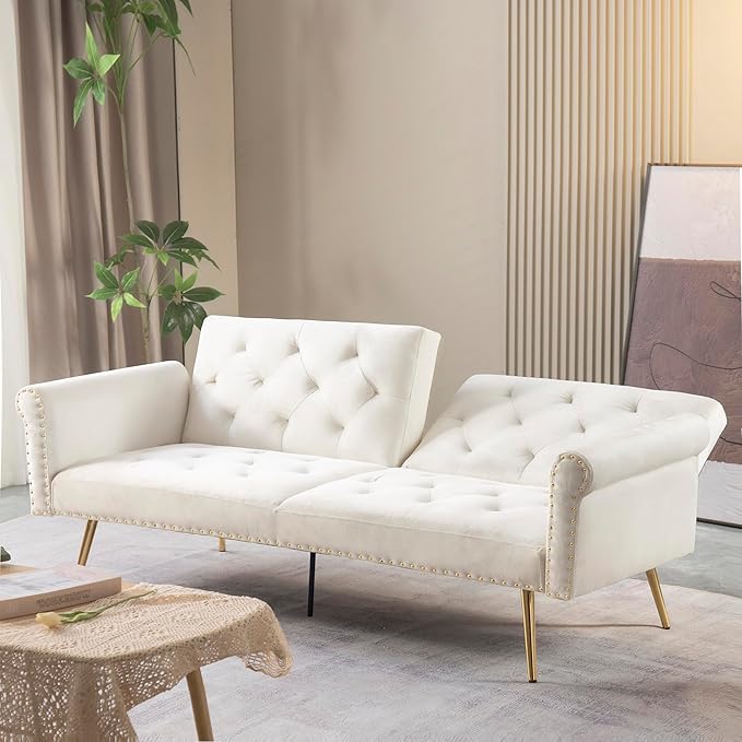 Modern Velvet 2 in 1 Sofa Bed FutonConvertible Folding Sleeper Couch Bed with 2 Pillows &amp Golden Metal Legs73 Tufted Recliner Loveseat for Living Room Apartment Office (Beige)