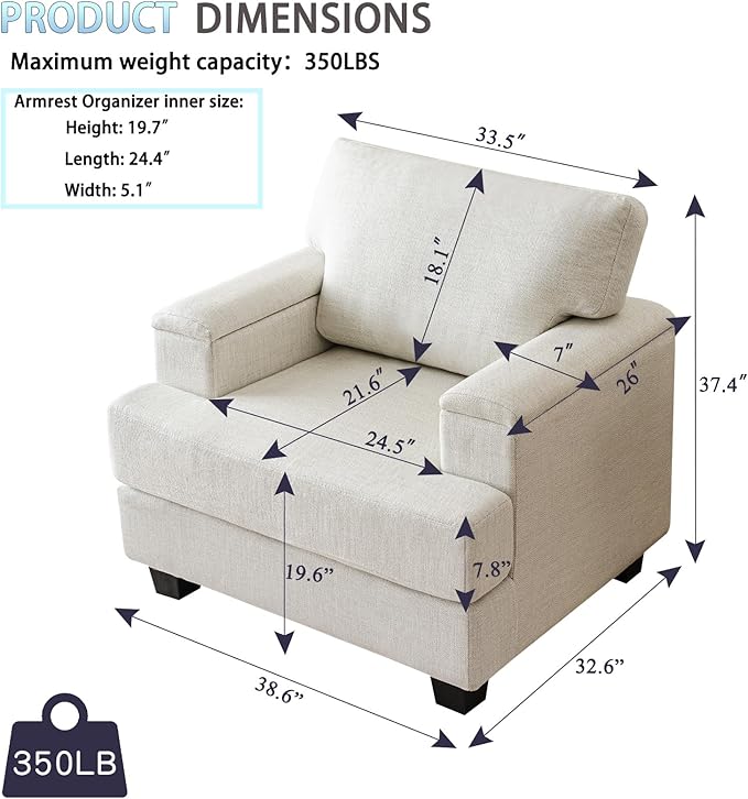 Oversized Accent Chair with Armrest OrganizerComfy Living Room Chairs with Thick CushionUpholstered Linen Fabric ArmchairBig Reading ChairSofa Chair for Bedroom