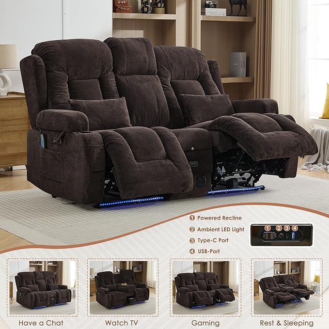TUNYI Wall Hugger Loveseat Recliner Sofa with Console Power Reclining Loveseat RV Couch with Massage &amp Heat/USB/Outlet/Storage/LED Light/Speaker (Brown)