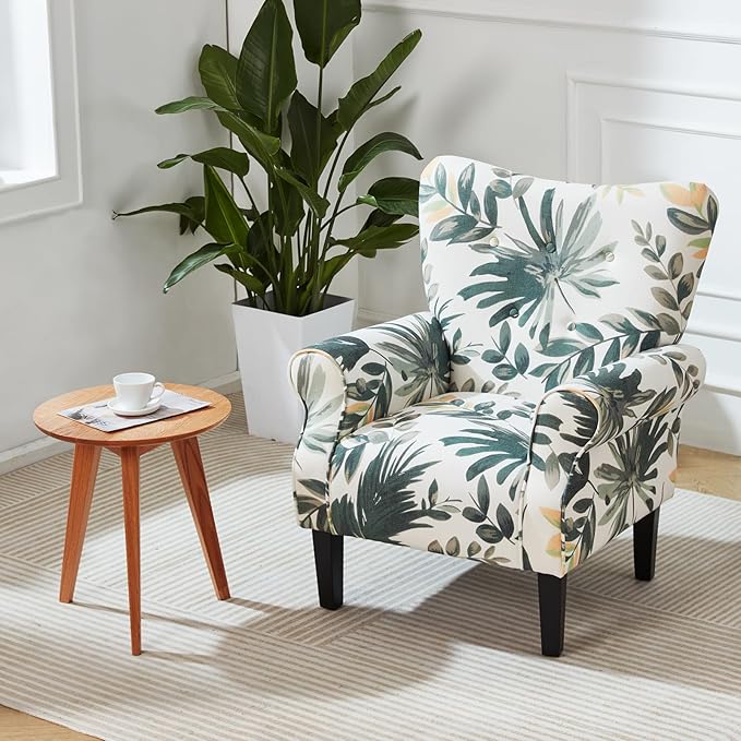 MELLCOM Mid Century Wingback Arm ChairModern Upholstered Fabric High Back Accent Chair with Wood LegsUpholstered Single Sofa Club Chair for Living Room Bedroom Home Office Green Leaves