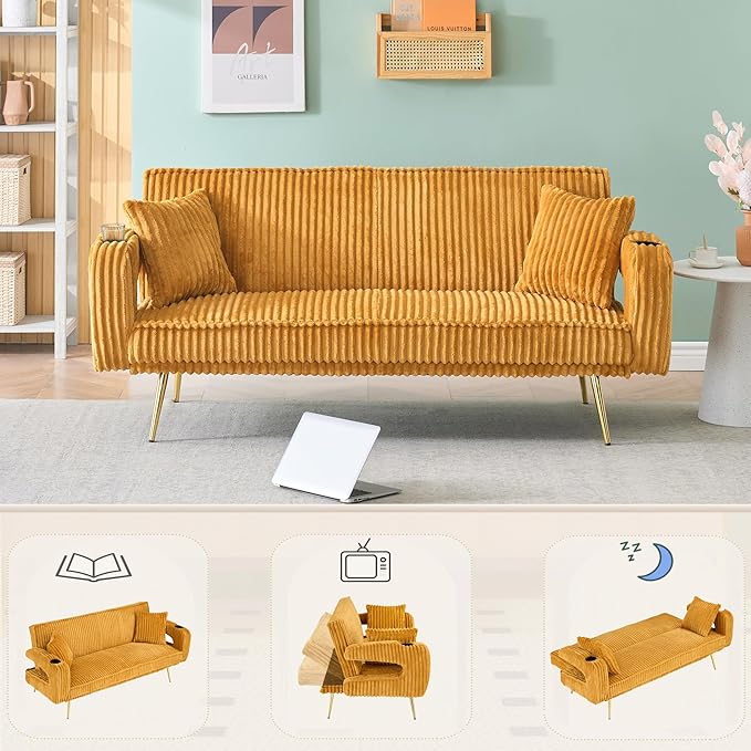 73 Convertible Futon Sofa BedModern Corduroy Sleeper Couch with 3 Reclining BackrestsGolden Chrome LegsComfy Cloud Sofa Loveseat for Small Living Room Bedroom Office (Yellow)