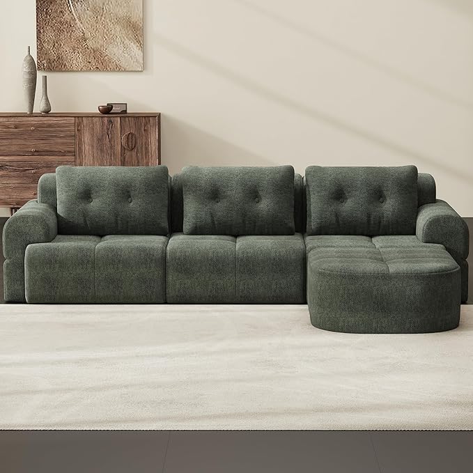 Boneless L-Shaped Modular Couch - 110 Inch Cloud Chenille Compression Sectional SofaNo Assembly Required Ideal for Apartments &amp Living RoomsBlackish Green