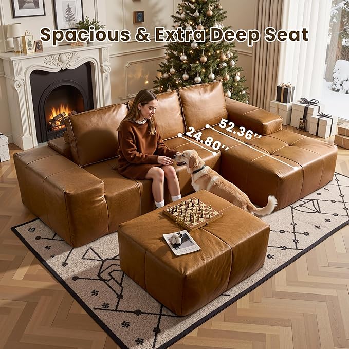 114 Cloud Sectional Couch with L-Shape Chaise &amp Ottoman Modern Boneless Couches for Living Room Fluffy Tufted Deep Seat Modular Sofa No Assembly (Faux LeatherBrownRight Facing)