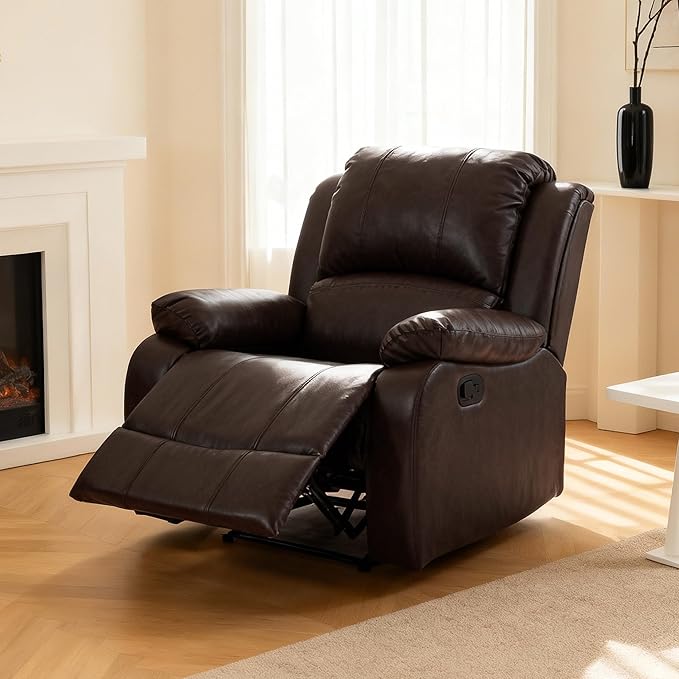 Manual Recliner Chair Adjustable Push Back Leather Reclining for Living Room Reddish Brown