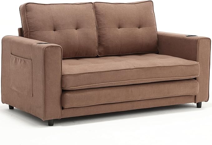 Merax Folding Sofa Bed with 2 Storage Pockets Linen Convertible Couch Bed with Cup Holders Loveseat Sleeper Sofa Folding Couch Bed for Small Spaces for Living Room Apartment Brown