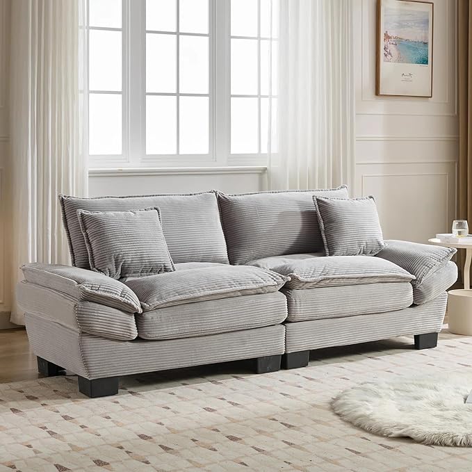 Modern 84 Corduroy Loveseat Sofa Ultra-Comfy Couch with 2 Pillows for Apartment Living Room Bedroom Home Office (Light Gray)