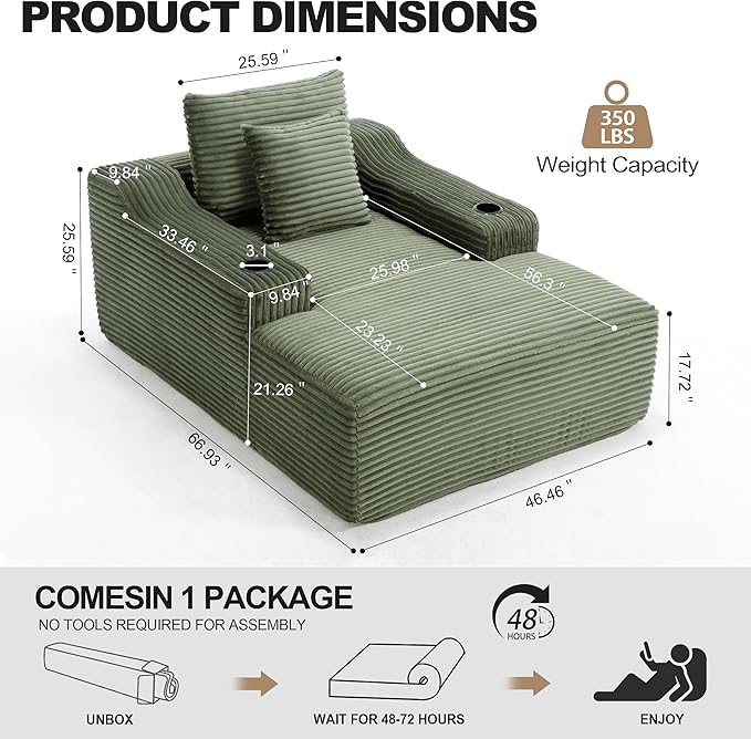 Boneless CouchComfy Fluffy Sofa BedUpholstered Sleeper Sofa Couch with Throw Pillows and ArmrestsCorduroy Plush Cloud Couches with Cup Holder Green