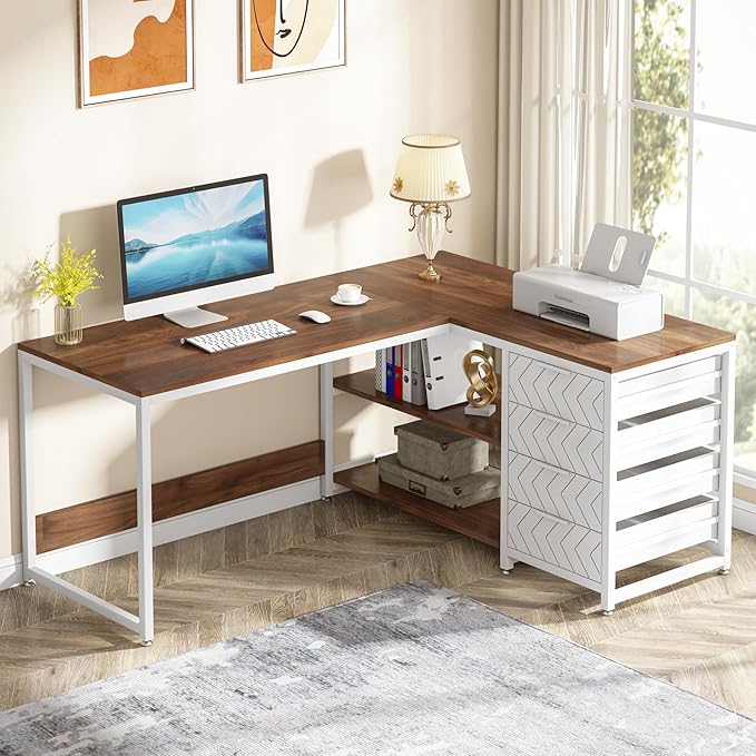 Tribesigns L Shaped Computer Desk with Storage Drawers 59 inch Corner Desk with Shelves Reversible L-Shaped Office Desk Study Writing Table Workstation for Home Office Walnut &amp White