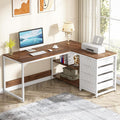 Tribesigns L Shaped Computer Desk with Storage Drawers 59 inch Corner Desk with Shelves Reversible L-Shaped Office Desk Study Writing Table Workstation for Home Office Walnut &amp White