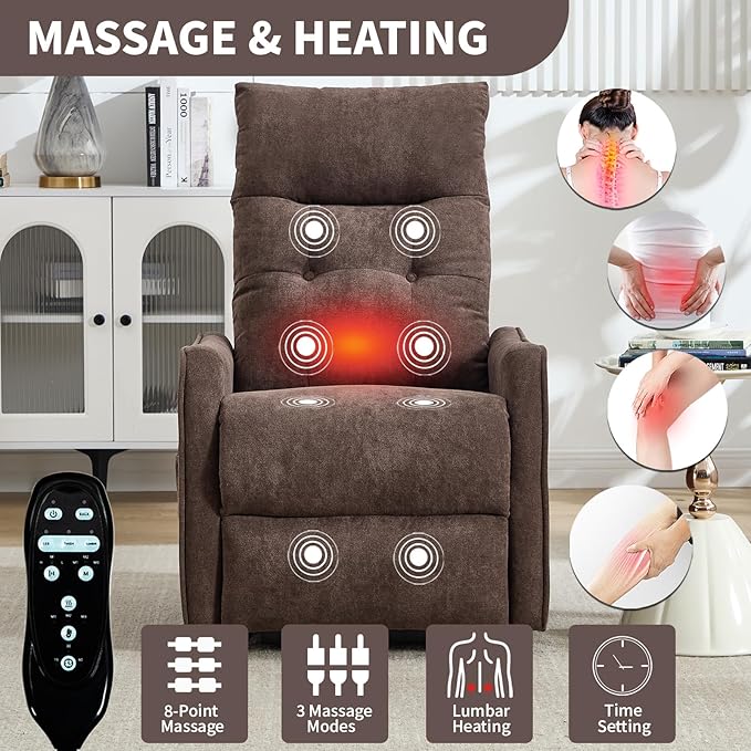 Small Power Lift Chair Recliner for Elderly Petite Power Recliner Chair with Massage and Heat | USB | High Back | Push Button | Side Pockets Liviing Room Easy Assembly (Chenille Brown)