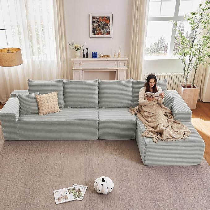 135 Cloud Sectional Couch with L-Shape Chaise Modern Modular Comfy Sofa Chaise Longue Upholstered Corduroy Couches Sleeper with Deep Seat for Living Room Bedroom No Assembly Required Grey