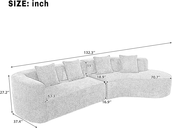 132 Modern Sectional Sofa with Curved Design 2-Piece Chenille Fabric Modular Couch with 4 Pillows Plush Sponge &amp Spring Cushion Large Sponge Modular Sofa for Living Room (Beige-07)
