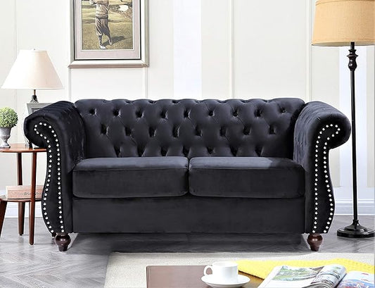 Feinstein Modern Velvet Chesterfield Couches for Living Room with Nailheads Diamond Tufting &amp Durable Metal Frame Loveseat Black