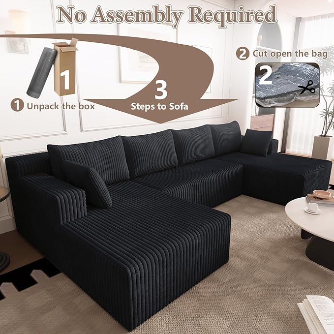 123 Cloud Modular Sectional Couch U-Shaped with Two Chaise Corduroy Boneless Couch for Living Room Bedroom Deep-Seat Upholstered Modular Cloud Sofa No Assembly Required Black