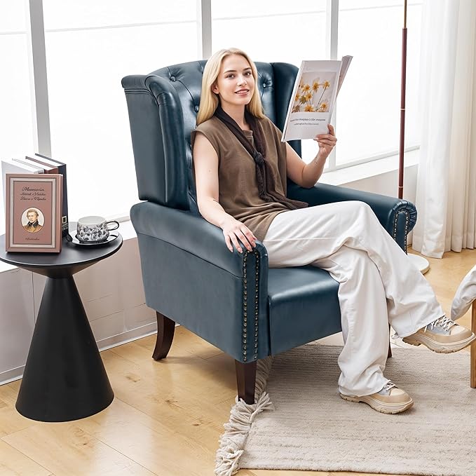 MOJAY Modern PU Leather Accent Chair Living Room Lounge Sofa Chair with Buttons Single Club Armchair with Rivet Trim for Bedroom Home Reception (DarkBlue)