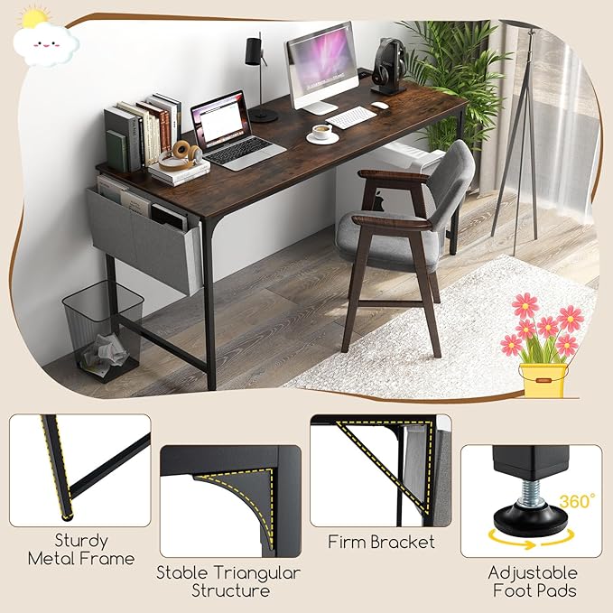 Tangkula 60” Large Computer Desk with Charging Station Modern Simple Study Writing Desk with Storage Bag Headphone Hook Sturdy Metal Frame Home Office Workstation