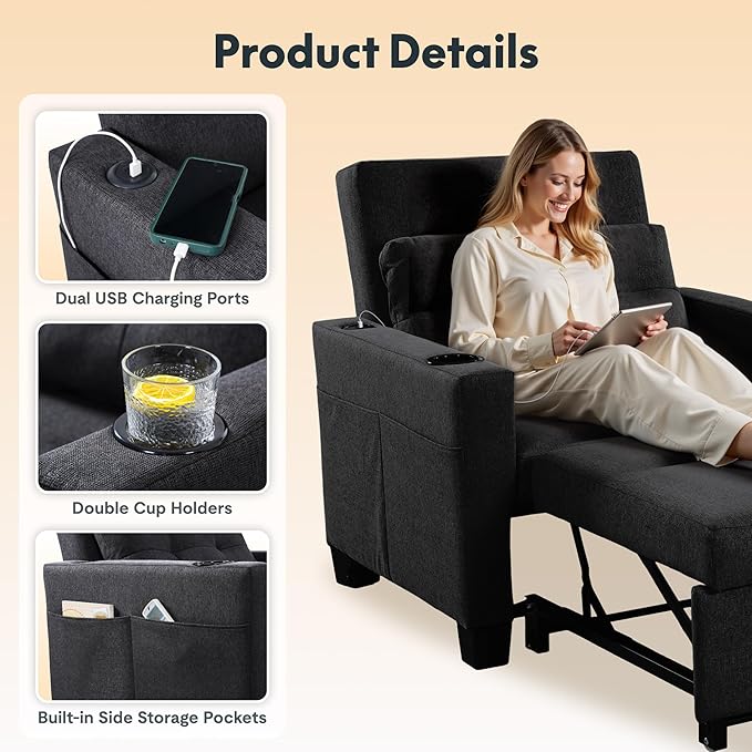 FLEXISPOT XCT2 Sleeper Chair Convertible Pull Out Bed W/Adjustable BackrestSofa Bed Chair 3 in 1 w/USB Port Cup Holders for Living Room Apartment Small Space (Black)