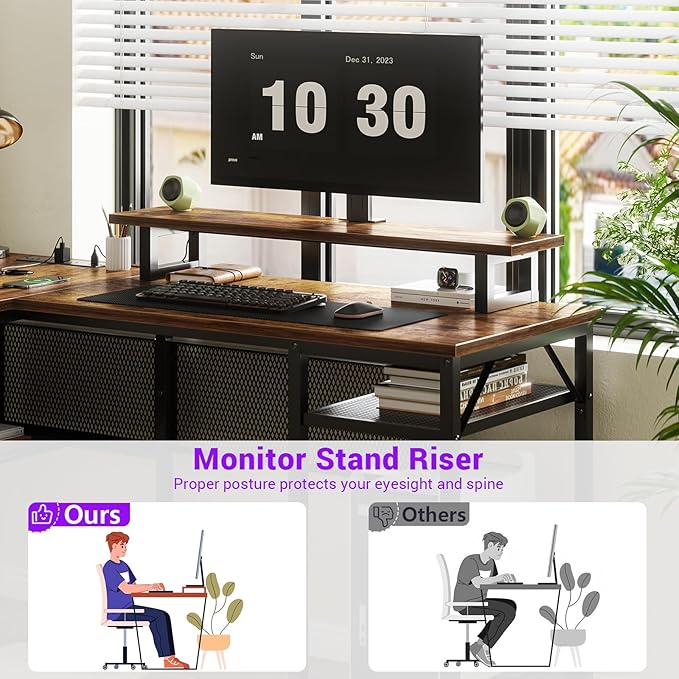 Cyclysio Reversible L Shaped Computer Desk with LED Lights &amp Power Outlets Office Corner Desk with Shelves &amp Monitor Stand Home Office Desk Gaming Table with Unique Grid Design (Rustic Brown