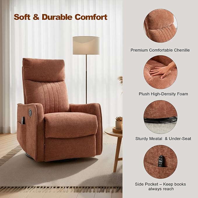 Casaphoria 360° Swivel Rocking Recliner Chair with Heat and Massage Upholstered Fabric Nursery Glider with Side Pocket for Living RoomBedroomHome Theater and RV Small Space(Orange)