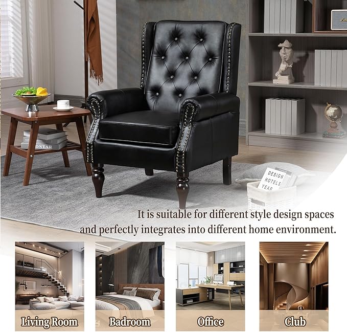 Brown Leather Accent Chair with High Back Vintage Tufted Wingback Chair with Arms &amp Rivet Upholstered Armchair &amp Single Sofa Chairs for Living Room Bedroom Office Apartment (Black)