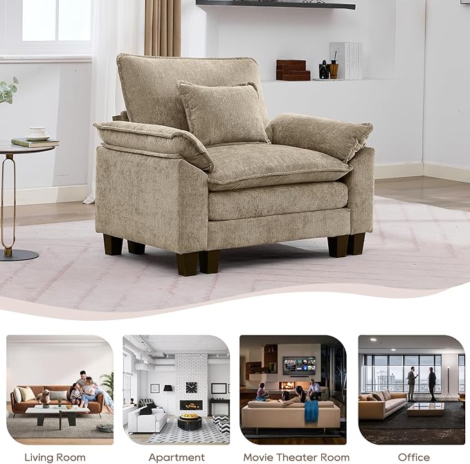 IPKIG 53 Modular Sectional Sofa Chenille Single Seater Sectional Couch Comfy Upholstered Seat Sofa Deep Seat Cloud Couch Sofa for Living Room Khaki | 2 Layer Cushion Cloud Couch Breathable Cheni