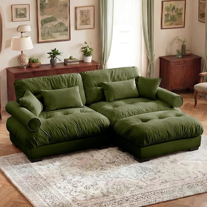Small Sectional Couch for Living Room 93.7 Loveseat Cloud Couch with Ottoman Deep Seat L Shape Sofa with Pillows Comfy Velvet Sofas Couches