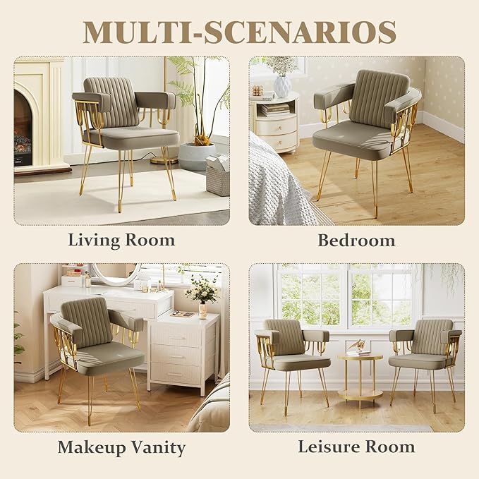 Makeup Vanity Chair with Gold Back No Wheels Accent Velvet Desk Chairs with Extra Lumbar Pillow for Girls Bedroom Dressing Room Nail Salon Living Room Greyish Brown