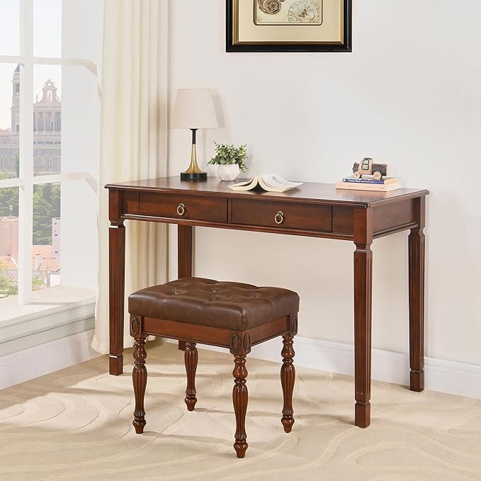 Solid Wood Makeup Vanity Table Set 46.1 Large Dressing Vanity Table with 2 Drawers and Vanity Bench Stool Writing Desk with Solid Wood Legs &amp Button Tufted Cushioned Stool Cherry&ampBrown