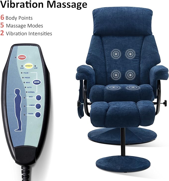 MCombo Swivel Recliner with Ottoman TV Chair with Vibration Massage Ideal for RV Small Space Living Room &amp Bedroom 4828 (Textile Blue)