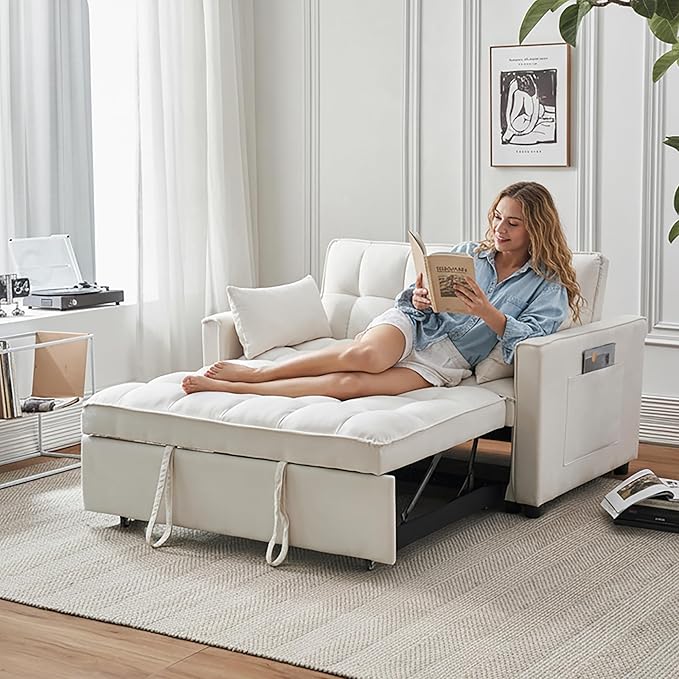 Kiztir Futon Sofa Bed 55 Small Loveseat Sleeper Sofa Comfy Velvet Pull Out Couch Bed with 3 Levels Adjustable Backrest and Side Pockets for Living Room Bedroom Apartment Small Spaces (B-Beige)