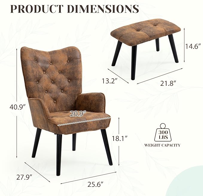 ECOTOUGE 2 Pieces Accent Chair with Ottoman Button Wingback Chair Wingback Leisure Single Sofa Arms Upholstered Tall Back Leather Chairs for Bedroom Brown (Anti-Skid Feet Caps)