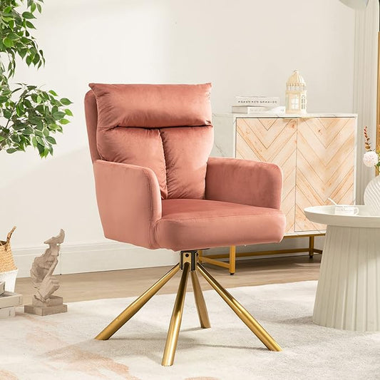 NORDICANA 180° Swivel Velvet Living Room Chair Modern Dining Armchair with Golden Legs Ergonomic Upholstered Accent Chair Single Sofa for Bedroom Reading Home Office Rose Pink