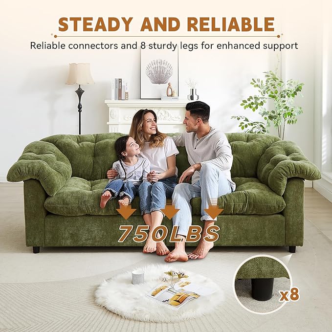 3-Seater Couch 94.8 inch Oversized Modern Comfy Tufted Chenille Fabric Cloud Fluffy Foam Deep Seat Soft Loveseat Sofa Couch for Living Room Bedroom Office Green