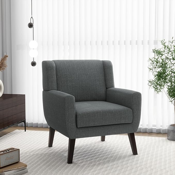 Accent Chair Comfy Mid Century Modern Small Armchairs with Solid Wood Frame and Soft Cushion for Living Room Bedroom (GreySet of 1)