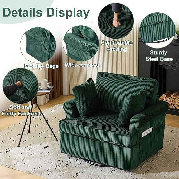 Karl home 39 Swivel Accent ChairOversized Seat Armchair W/2 Pillows and 4 PocketsModern Upholstered Corduroy Barrel ChairsComfy Single Sofa for Living RoomReadingBedroom and Office-Dark Green