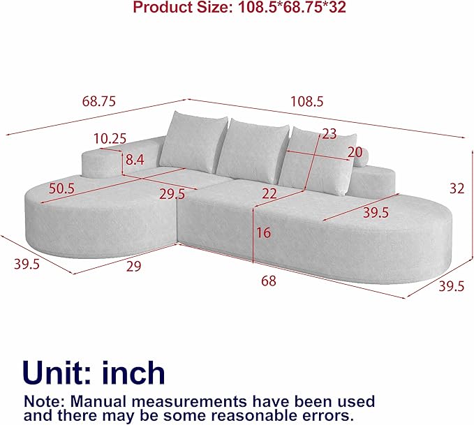 KEIKI 108.5 L Shaped Corner Couch with Chaise Curved Sectional Sofa Upholstered Chenille Sectional Couch for Living Room Bedroom Beige