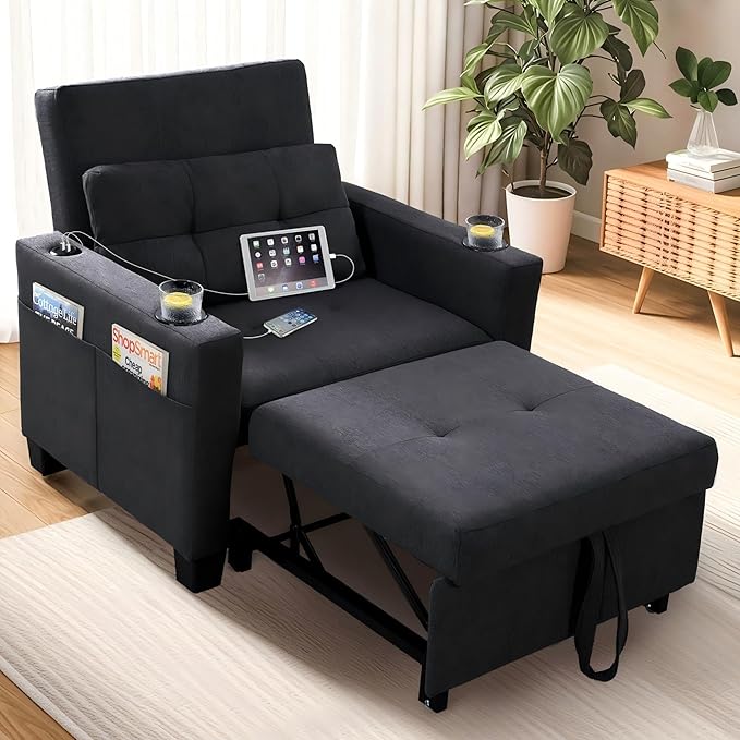 FLEXISPOT XCT2 Sleeper Chair Convertible Pull Out Bed W/Adjustable BackrestSofa Bed Chair 3 in 1 w/USB Port Cup Holders for Living Room Apartment Small Space (Black)